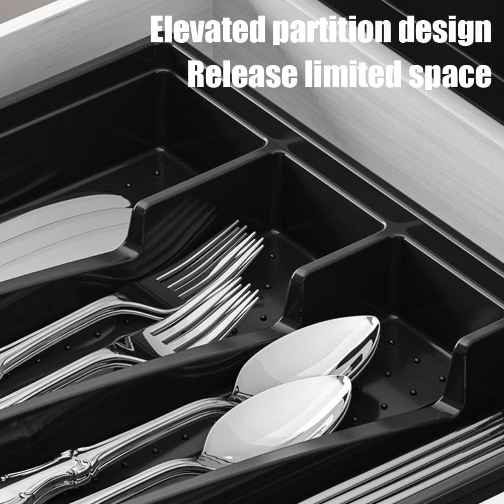 Flatware Storage Plastic Tray with Lid,Covered Utensil Tray for Kitchen Drawer and Countertop,Silverware Organizer Utensil Drawer Organizer Container with Cover for Spoon Fork Knife(black)