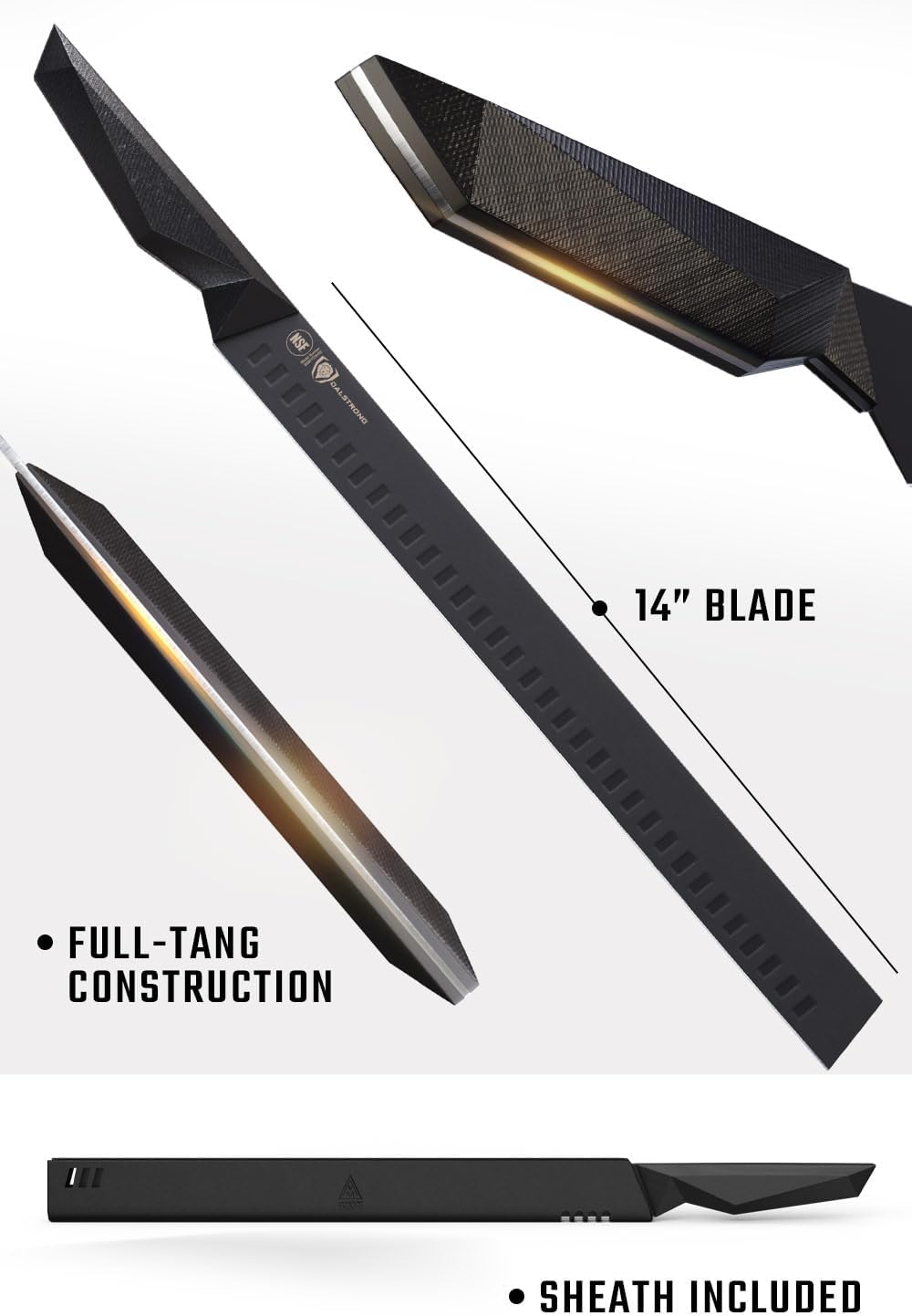 Slicing Knife - 14 inch - Shadow Black Series - Black Titanium Nitride Coated - High Carbon - 7CR17MOV-X Vacuum Treated Steel Carving Knife - Sheath - Kitchen Knife Slicer - NSF Certified