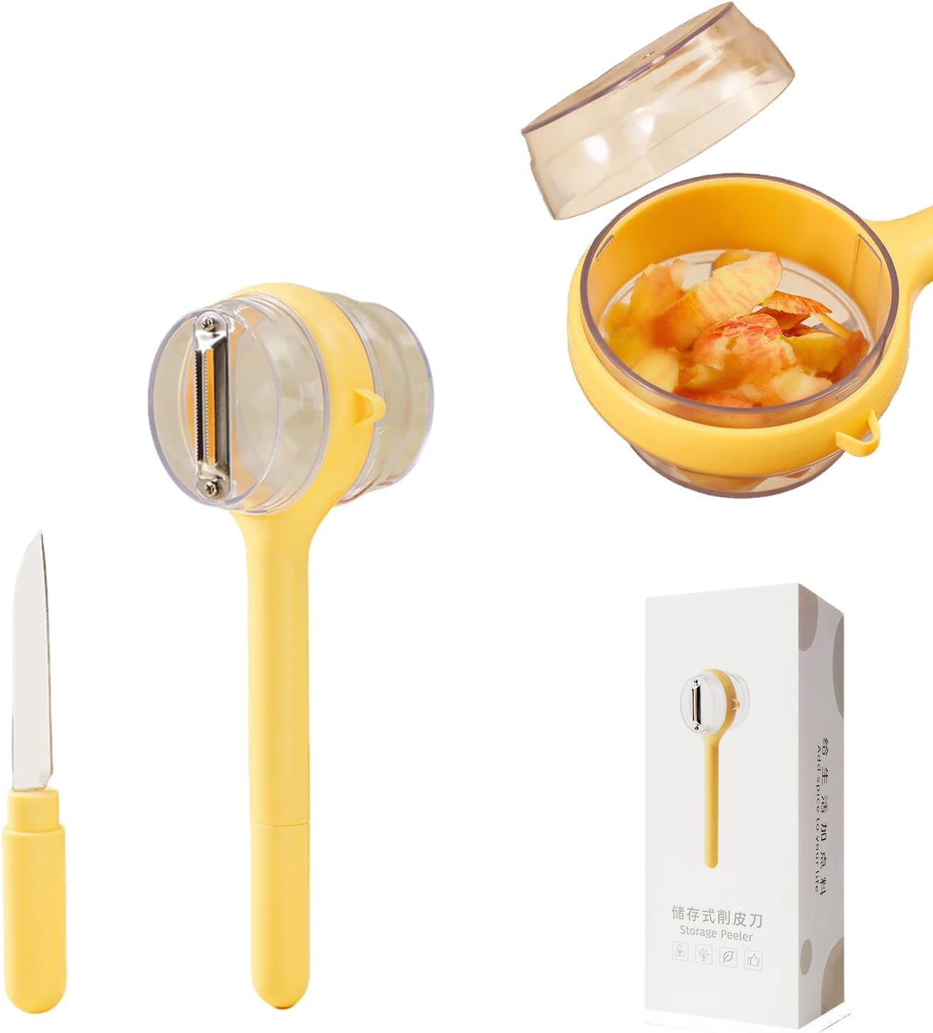 3-in-1 Vegetable Peeler with Storage Container - Stainless Steel Blade, Built-in Knife in Handle, Catches Peels, for Kitchen, Backyard BBQs, Picnics, Outdoor Parties - Easy Clean (Yellow)