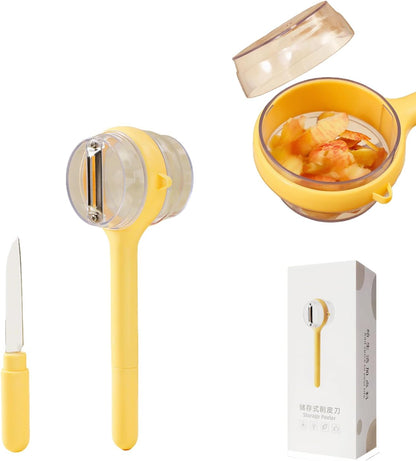 3-in-1 Vegetable Peeler with Storage Container - Stainless Steel Blade, Built-in Knife in Handle, Catches Peels, for Kitchen, Backyard BBQs, Picnics, Outdoor Parties - Easy Clean (Yellow)