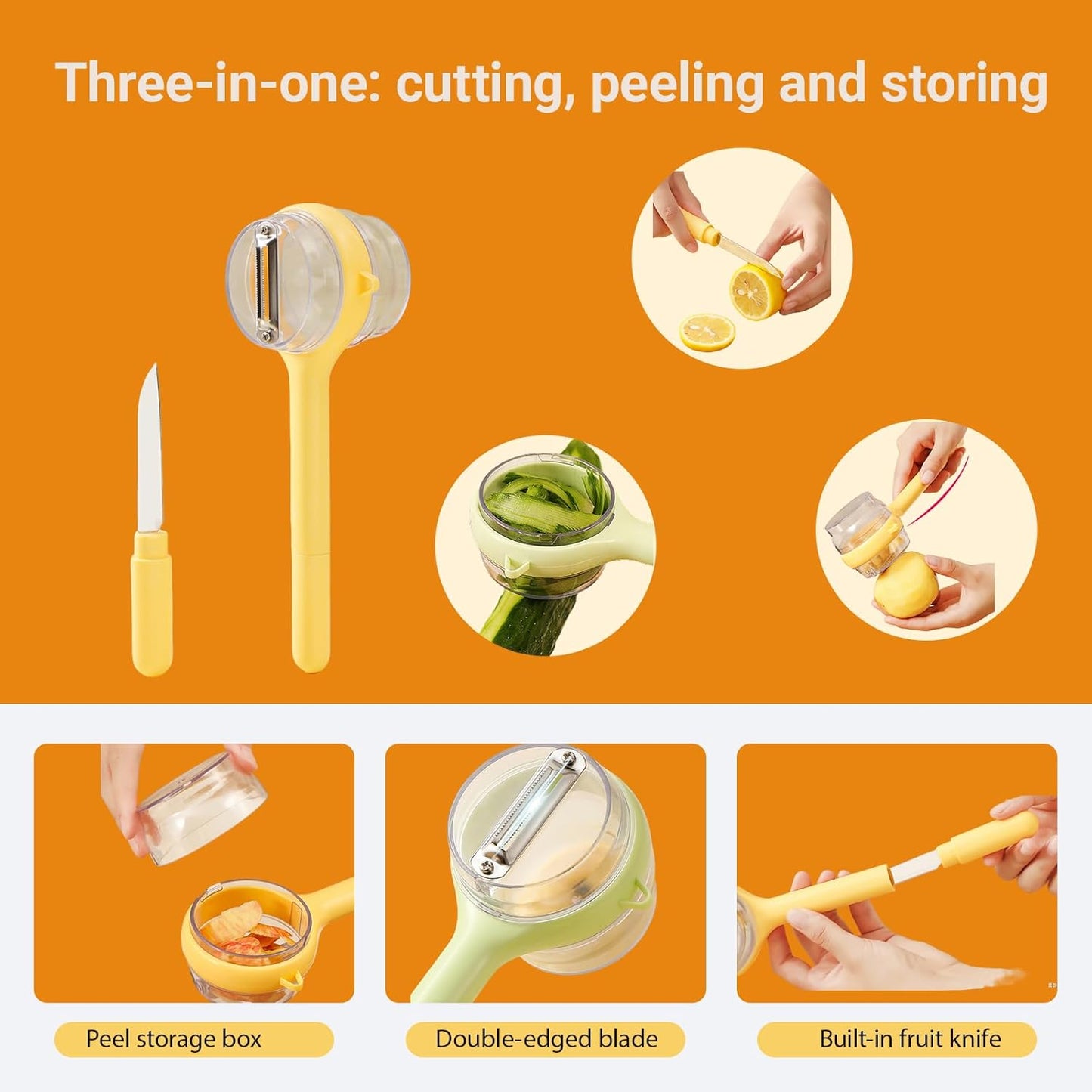 3-in-1 Vegetable Peeler with Storage Container - Stainless Steel Blade, Built-in Knife in Handle, Catches Peels, for Kitchen, Backyard BBQs, Picnics, Outdoor Parties - Easy Clean (Yellow)