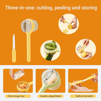3-in-1 Vegetable Peeler with Storage Container - Stainless Steel Blade, Built-in Knife in Handle, Catches Peels, for Kitchen, Backyard BBQs, Picnics, Outdoor Parties - Easy Clean (Yellow)