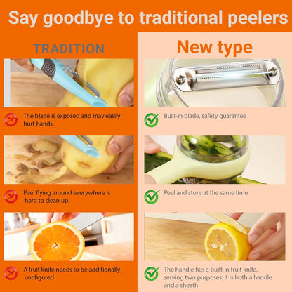 3-in-1 Vegetable Peeler with Storage Container - Stainless Steel Blade, Built-in Knife in Handle, Catches Peels, for Kitchen, Backyard BBQs, Picnics, Outdoor Parties - Easy Clean (Yellow)