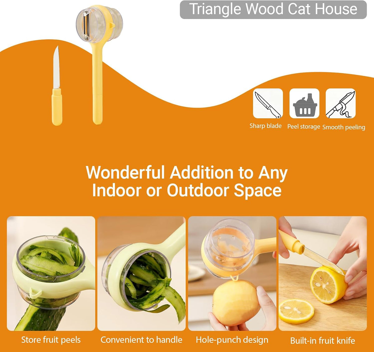 3-in-1 Vegetable Peeler with Storage Container - Stainless Steel Blade, Built-in Knife in Handle, Catches Peels, for Kitchen, Backyard BBQs, Picnics, Outdoor Parties - Easy Clean (Yellow)