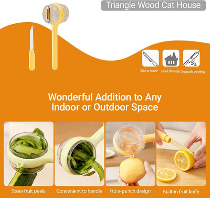 3-in-1 Vegetable Peeler with Storage Container - Stainless Steel Blade, Built-in Knife in Handle, Catches Peels, for Kitchen, Backyard BBQs, Picnics, Outdoor Parties - Easy Clean (Yellow)