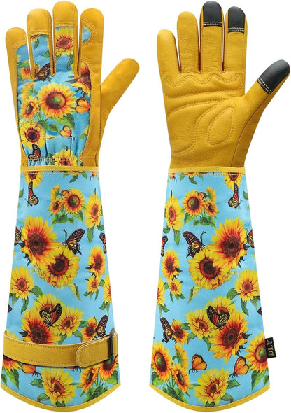 Garden Gloves for Women,Gardening Gloves,Gardening Gift for Lady,Blue,M | Thornproof Cowhide Palm, Foam-Padded Grip, Long Sunflower Print Cuff, 3-Finger Touchscreen, Rose Pruning, Weeding & Yard Work
