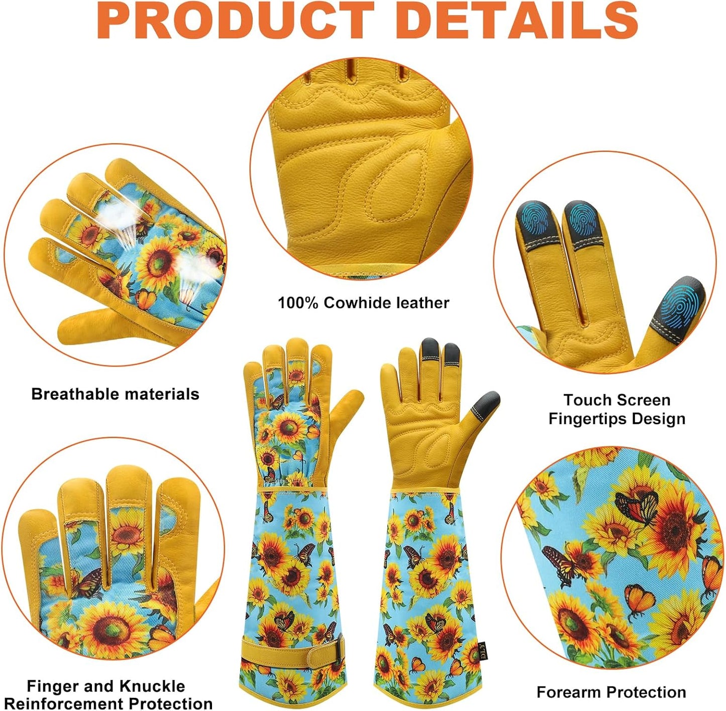 Garden Gloves for Women,Gardening Gloves,Gardening Gift for Lady,Blue,M | Thornproof Cowhide Palm, Foam-Padded Grip, Long Sunflower Print Cuff, 3-Finger Touchscreen, Rose Pruning, Weeding & Yard Work