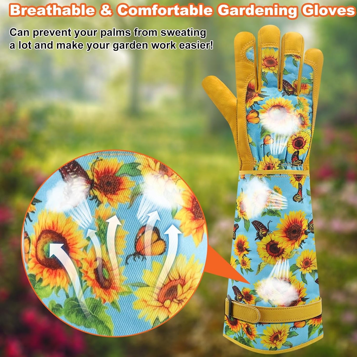 Garden Gloves for Women,Gardening Gloves,Gardening Gift for Lady,Blue,M | Thornproof Cowhide Palm, Foam-Padded Grip, Long Sunflower Print Cuff, 3-Finger Touchscreen, Rose Pruning, Weeding & Yard Work