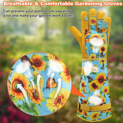 Garden Gloves for Women,Gardening Gloves,Gardening Gift for Lady,Blue,M | Thornproof Cowhide Palm, Foam-Padded Grip, Long Sunflower Print Cuff, 3-Finger Touchscreen, Rose Pruning, Weeding & Yard Work
