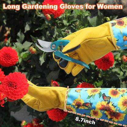 Garden Gloves for Women,Gardening Gloves,Gardening Gift for Lady,Blue,M | Thornproof Cowhide Palm, Foam-Padded Grip, Long Sunflower Print Cuff, 3-Finger Touchscreen, Rose Pruning, Weeding & Yard Work