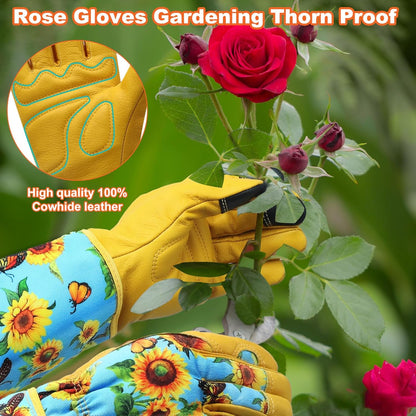 Garden Gloves for Women,Gardening Gloves,Gardening Gift for Lady,Blue,M | Thornproof Cowhide Palm, Foam-Padded Grip, Long Sunflower Print Cuff, 3-Finger Touchscreen, Rose Pruning, Weeding & Yard Work