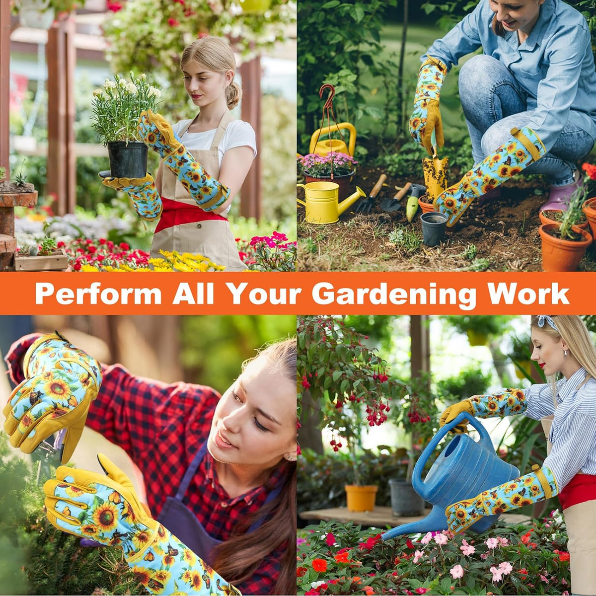 Garden Gloves for Women,Gardening Gloves,Gardening Gift for Lady,Blue,M | Thornproof Cowhide Palm, Foam-Padded Grip, Long Sunflower Print Cuff, 3-Finger Touchscreen, Rose Pruning, Weeding & Yard Work