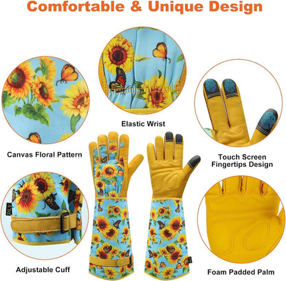 Garden Gloves for Women,Gardening Gloves,Gardening Gift for Lady,Blue,M | Thornproof Cowhide Palm, Foam-Padded Grip, Long Sunflower Print Cuff, 3-Finger Touchscreen, Rose Pruning, Weeding & Yard Work