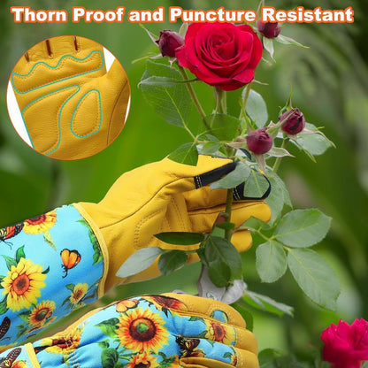 Garden Gloves for Women,Gardening Gloves,Gardening Gift for Lady,Blue,M | Thornproof Cowhide Palm, Foam-Padded Grip, Long Sunflower Print Cuff, 3-Finger Touchscreen, Rose Pruning, Weeding & Yard Work