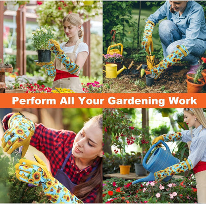Garden Gloves for Women,Gardening Gloves,Gardening Gift for Lady,Blue,M | Thornproof Cowhide Palm, Foam-Padded Grip, Long Sunflower Print Cuff, 3-Finger Touchscreen, Rose Pruning, Weeding & Yard Work