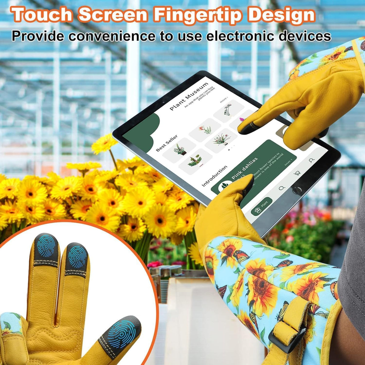 Garden Gloves for Women,Gardening Gloves,Gardening Gift for Lady,Blue,M | Thornproof Cowhide Palm, Foam-Padded Grip, Long Sunflower Print Cuff, 3-Finger Touchscreen, Rose Pruning, Weeding & Yard Work