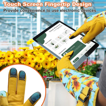 Garden Gloves for Women,Gardening Gloves,Gardening Gift for Lady,Blue,M | Thornproof Cowhide Palm, Foam-Padded Grip, Long Sunflower Print Cuff, 3-Finger Touchscreen, Rose Pruning, Weeding & Yard Work