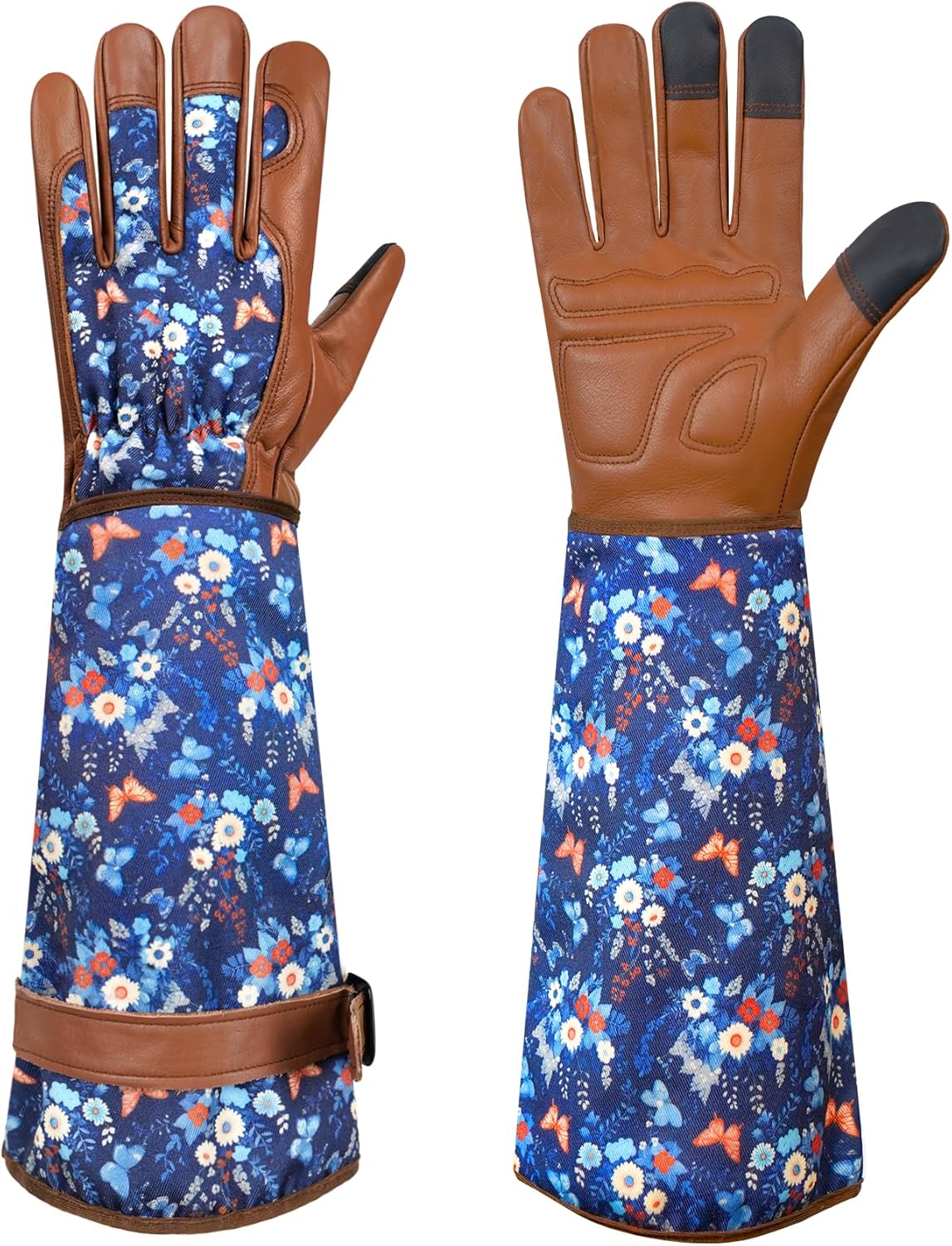 Garden Gloves for Women,Gardening Gloves,Gardening Gift for Lady,Blue,M | Thornproof Cowhide Palm, Foam-Padded Grip, Long Sunflower Print Cuff, 3-Finger Touchscreen, Rose Pruning, Weeding & Yard Work
