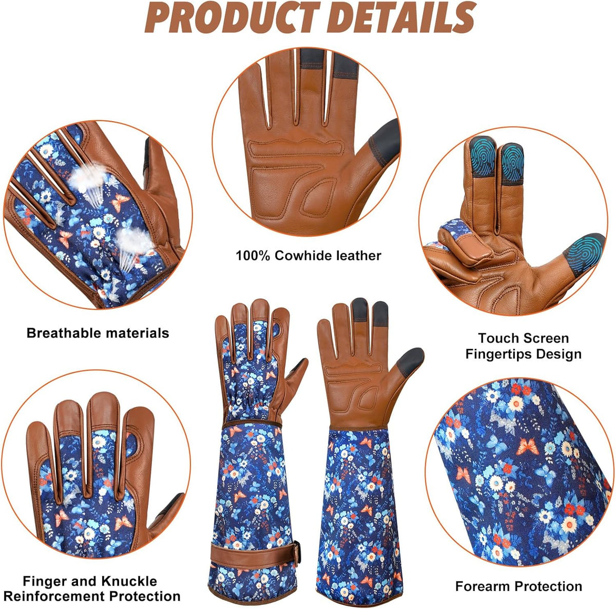 Garden Gloves for Women,Gardening Gloves,Gardening Gift for Lady,Blue,M | Thornproof Cowhide Palm, Foam-Padded Grip, Long Sunflower Print Cuff, 3-Finger Touchscreen, Rose Pruning, Weeding & Yard Work