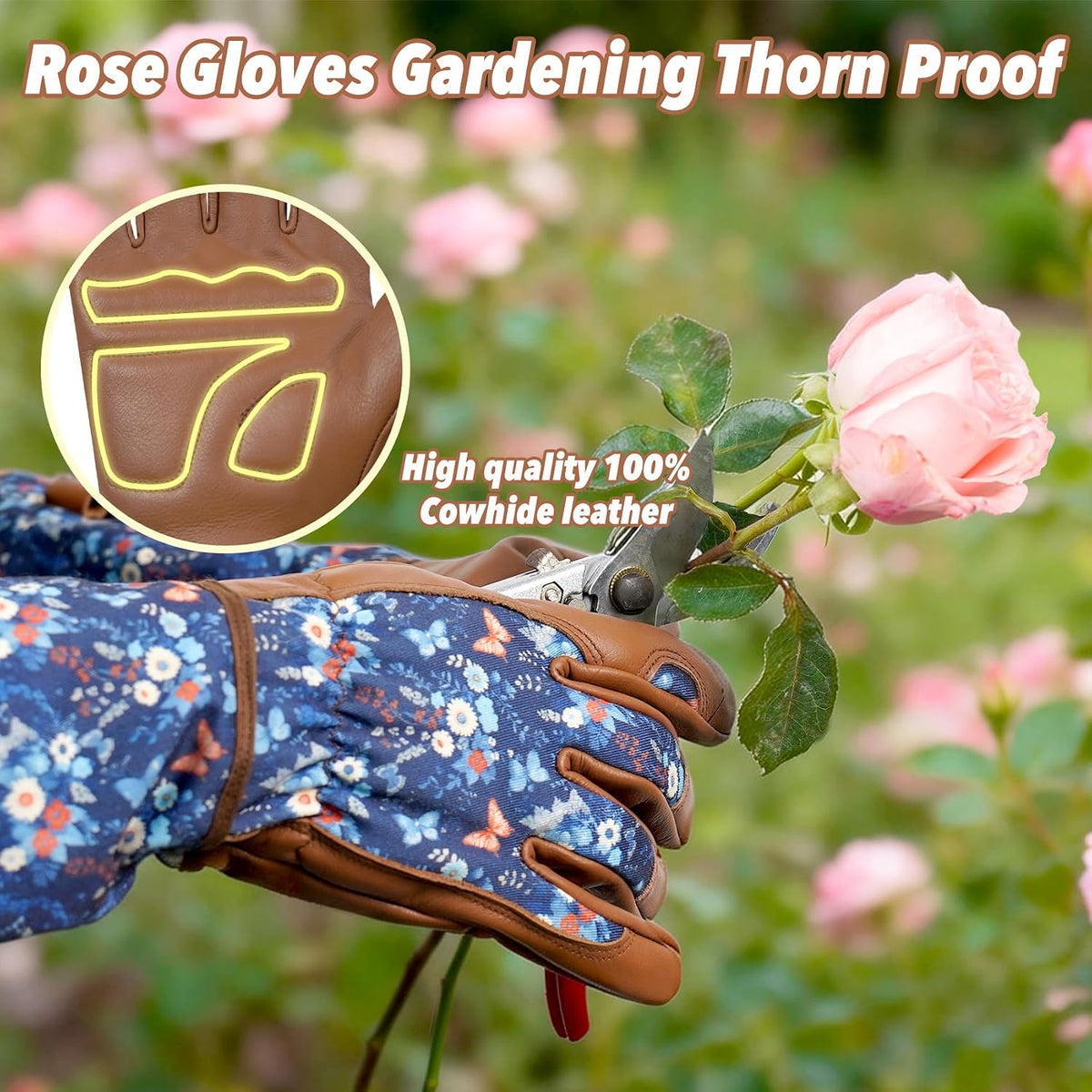 Garden Gloves for Women,Gardening Gloves,Gardening Gift for Lady,Blue,M | Thornproof Cowhide Palm, Foam-Padded Grip, Long Sunflower Print Cuff, 3-Finger Touchscreen, Rose Pruning, Weeding & Yard Work