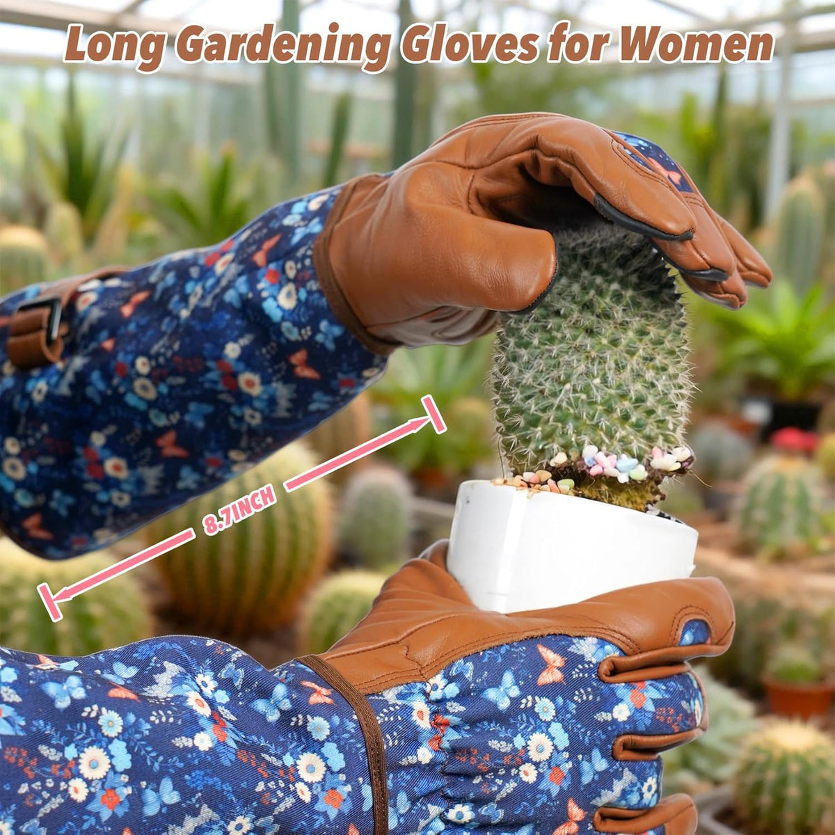 Garden Gloves for Women,Gardening Gloves,Gardening Gift for Lady,Blue,M | Thornproof Cowhide Palm, Foam-Padded Grip, Long Sunflower Print Cuff, 3-Finger Touchscreen, Rose Pruning, Weeding & Yard Work