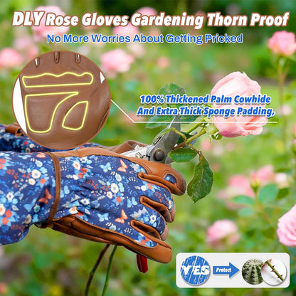 Garden Gloves for Women,Gardening Gloves,Gardening Gift for Lady,Blue,M | Thornproof Cowhide Palm, Foam-Padded Grip, Long Sunflower Print Cuff, 3-Finger Touchscreen, Rose Pruning, Weeding & Yard Work