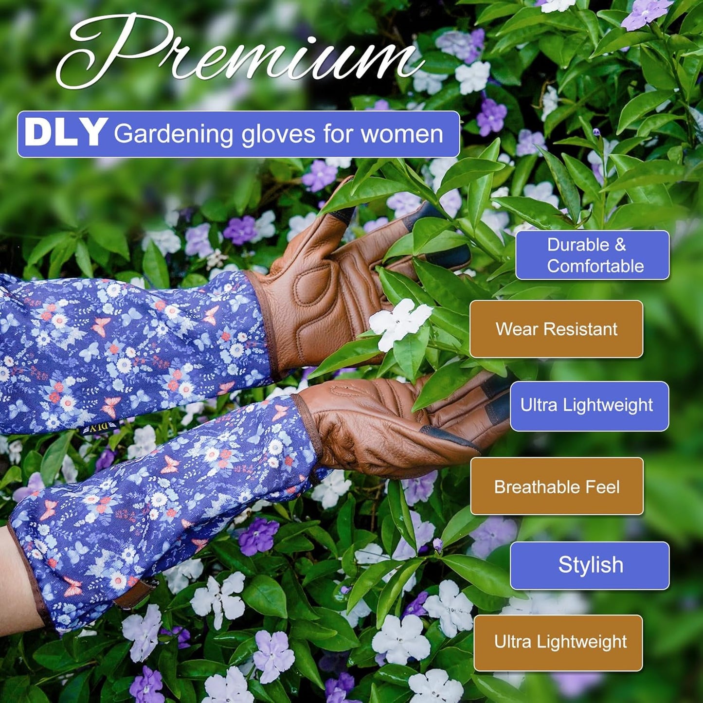 Garden Gloves for Women,Gardening Gloves,Gardening Gift for Lady,Blue,M | Thornproof Cowhide Palm, Foam-Padded Grip, Long Sunflower Print Cuff, 3-Finger Touchscreen, Rose Pruning, Weeding & Yard Work