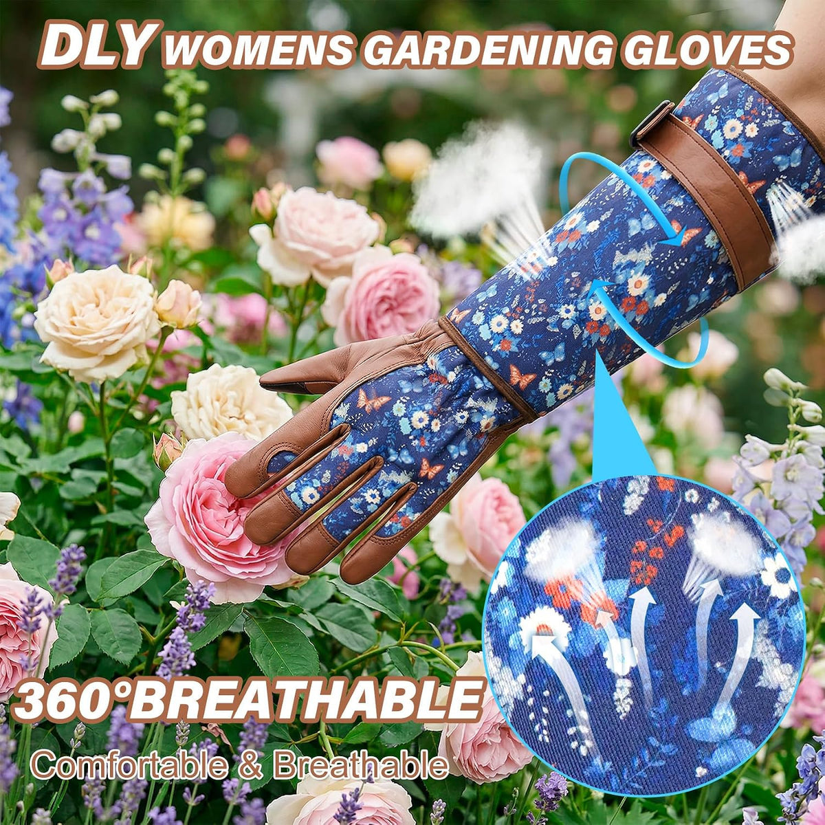 Garden Gloves for Women,Gardening Gloves,Gardening Gift for Lady,Blue,M | Thornproof Cowhide Palm, Foam-Padded Grip, Long Sunflower Print Cuff, 3-Finger Touchscreen, Rose Pruning, Weeding & Yard Work