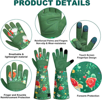 Garden Gloves for Women,Gardening Gloves,Gardening Gift for Lady,Blue,M | Thornproof Cowhide Palm, Foam-Padded Grip, Long Sunflower Print Cuff, 3-Finger Touchscreen, Rose Pruning, Weeding & Yard Work