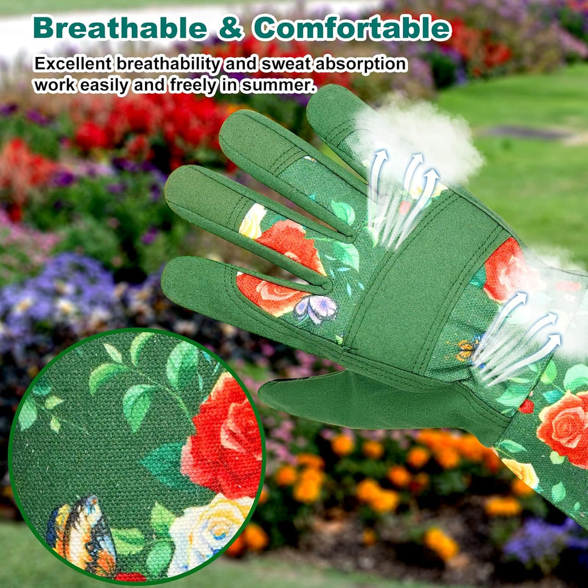 Garden Gloves for Women,Gardening Gloves,Gardening Gift for Lady,Blue,M | Thornproof Cowhide Palm, Foam-Padded Grip, Long Sunflower Print Cuff, 3-Finger Touchscreen, Rose Pruning, Weeding & Yard Work