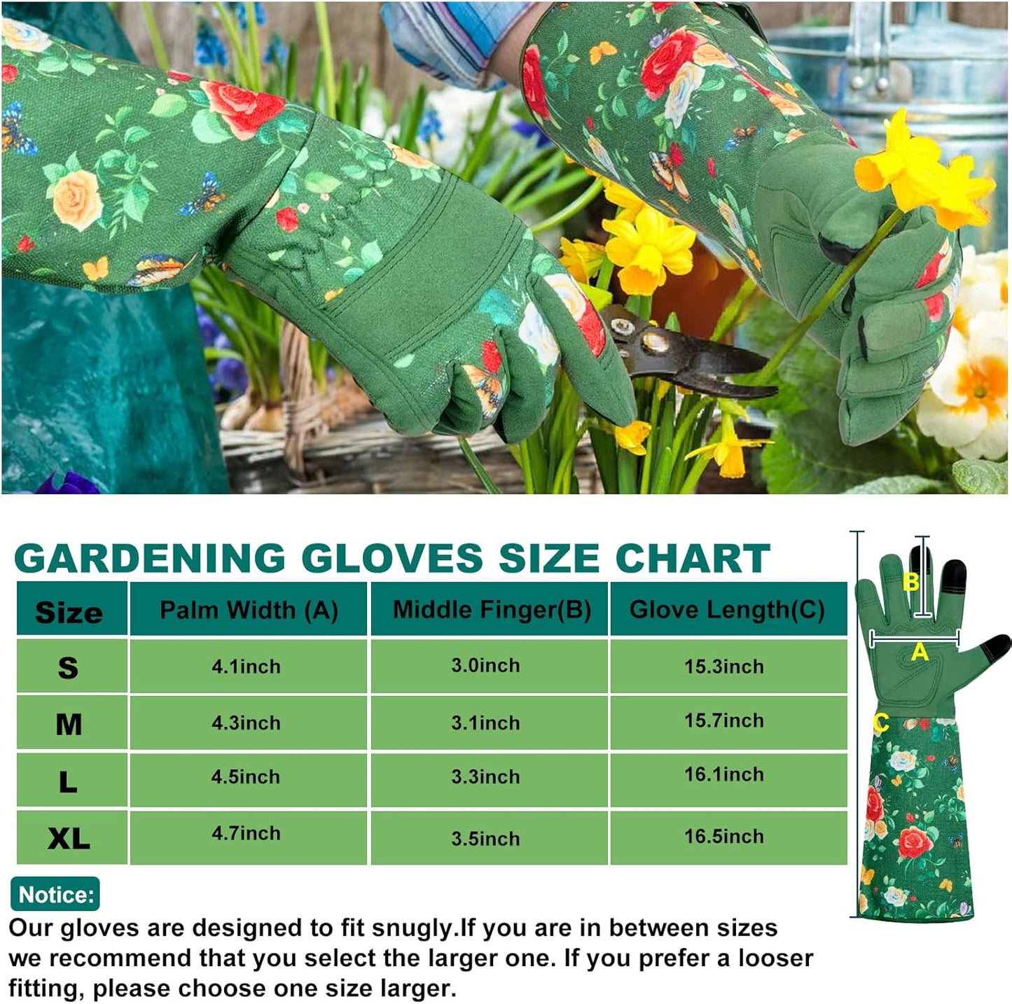 Garden Gloves for Women,Gardening Gloves,Gardening Gift for Lady,Blue,M | Thornproof Cowhide Palm, Foam-Padded Grip, Long Sunflower Print Cuff, 3-Finger Touchscreen, Rose Pruning, Weeding & Yard Work