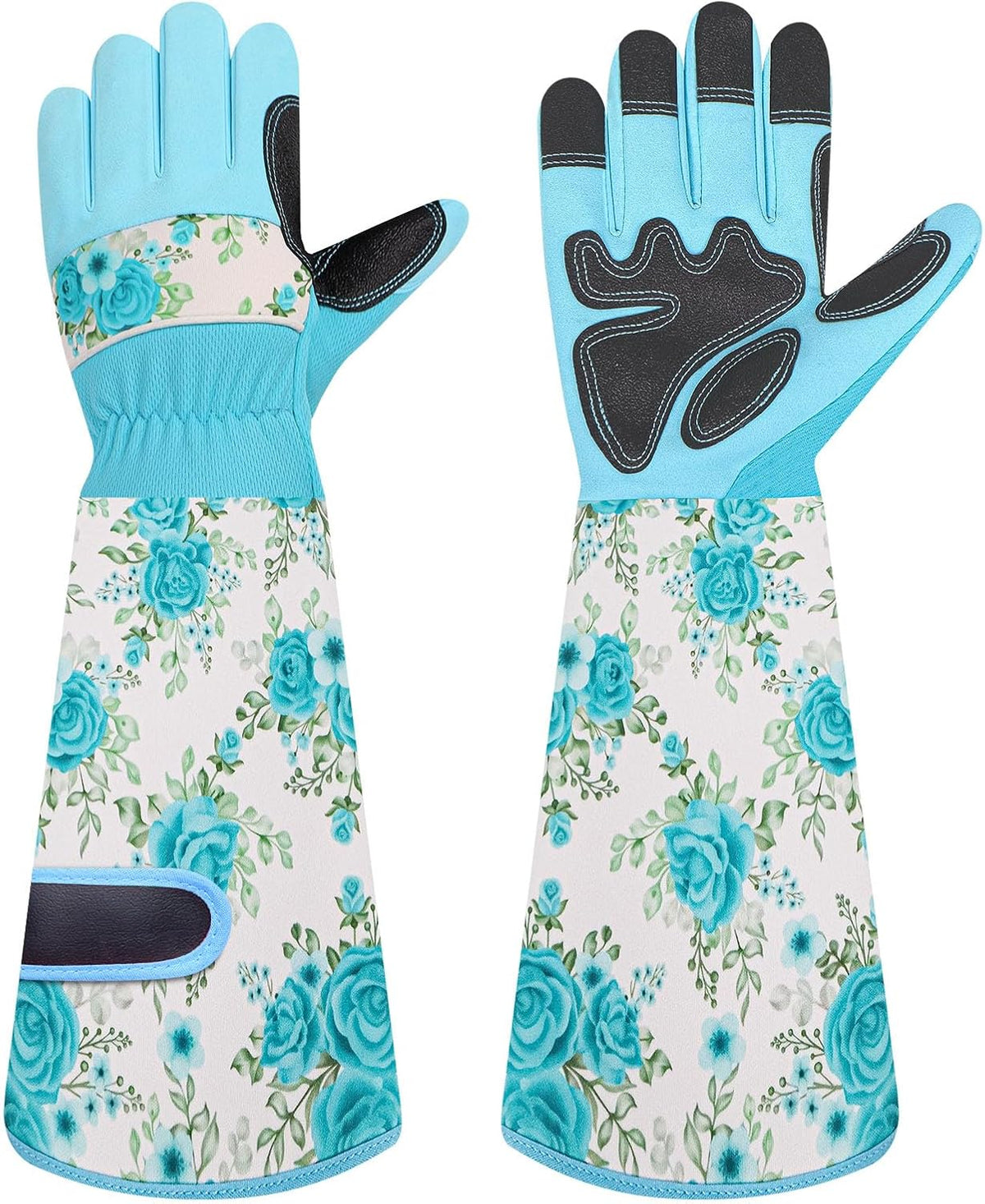 Garden Gloves for Women,Gardening Gloves,Gardening Gift for Lady,Blue,M | Thornproof Cowhide Palm, Foam-Padded Grip, Long Sunflower Print Cuff, 3-Finger Touchscreen, Rose Pruning, Weeding & Yard Work
