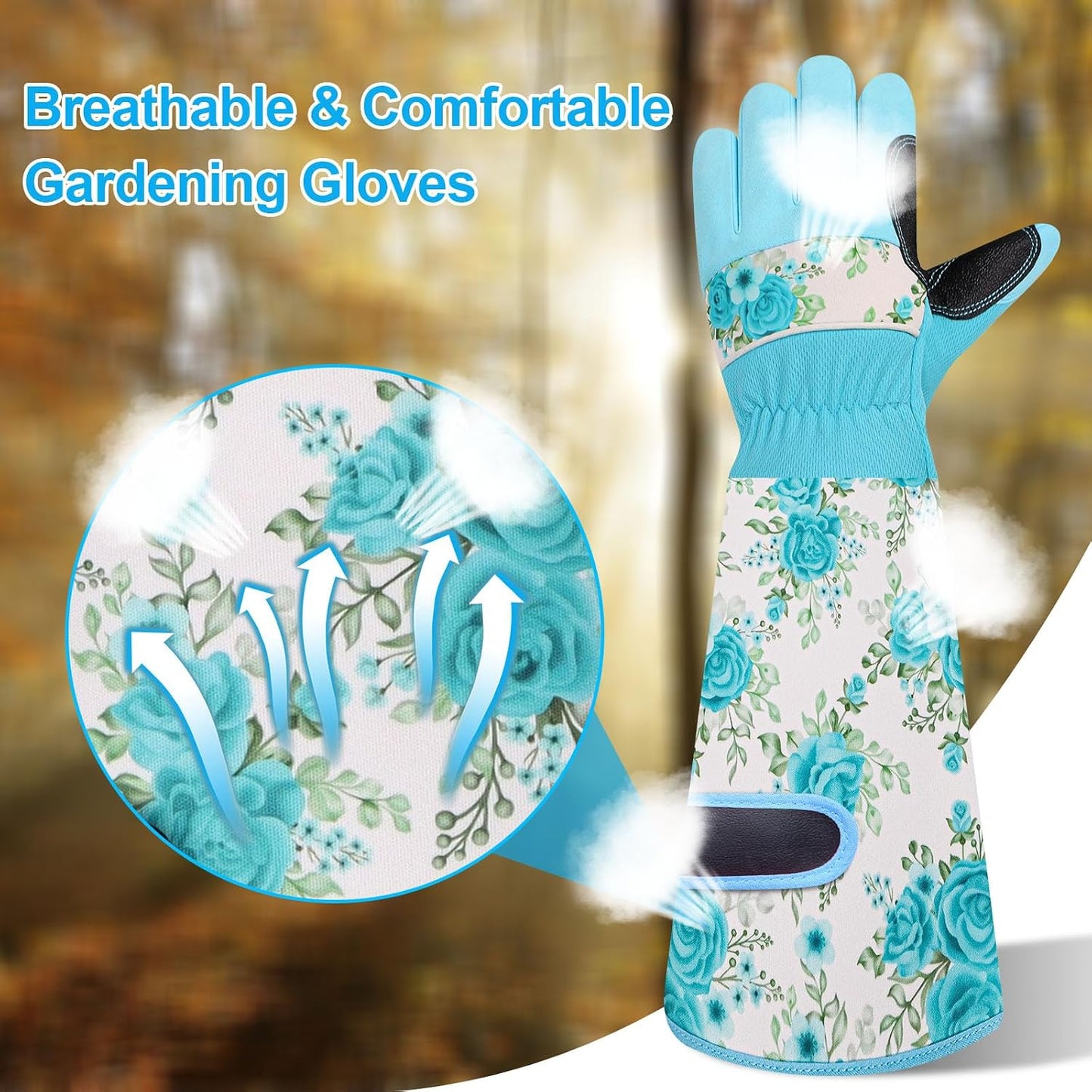 Garden Gloves for Women,Gardening Gloves,Gardening Gift for Lady,Blue,M | Thornproof Cowhide Palm, Foam-Padded Grip, Long Sunflower Print Cuff, 3-Finger Touchscreen, Rose Pruning, Weeding & Yard Work