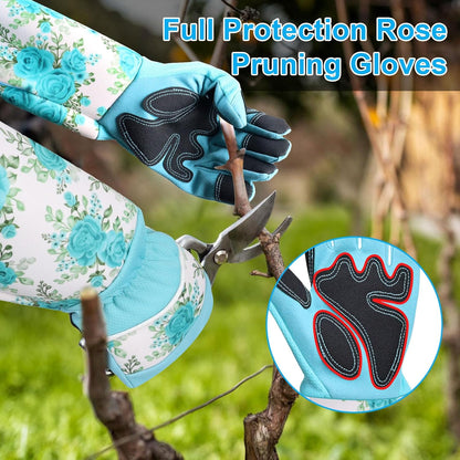 Garden Gloves for Women,Gardening Gloves,Gardening Gift for Lady,Blue,M | Thornproof Cowhide Palm, Foam-Padded Grip, Long Sunflower Print Cuff, 3-Finger Touchscreen, Rose Pruning, Weeding & Yard Work