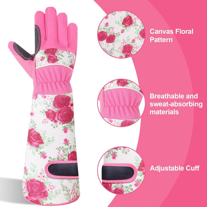 Garden Gloves for Women,Gardening Gloves,Gardening Gift for Lady,Blue,M | Thornproof Cowhide Palm, Foam-Padded Grip, Long Sunflower Print Cuff, 3-Finger Touchscreen, Rose Pruning, Weeding & Yard Work