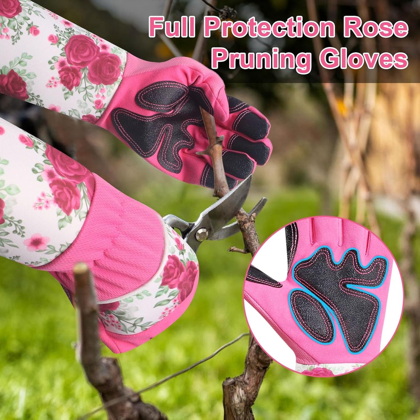 Garden Gloves for Women,Gardening Gloves,Gardening Gift for Lady,Blue,M | Thornproof Cowhide Palm, Foam-Padded Grip, Long Sunflower Print Cuff, 3-Finger Touchscreen, Rose Pruning, Weeding & Yard Work