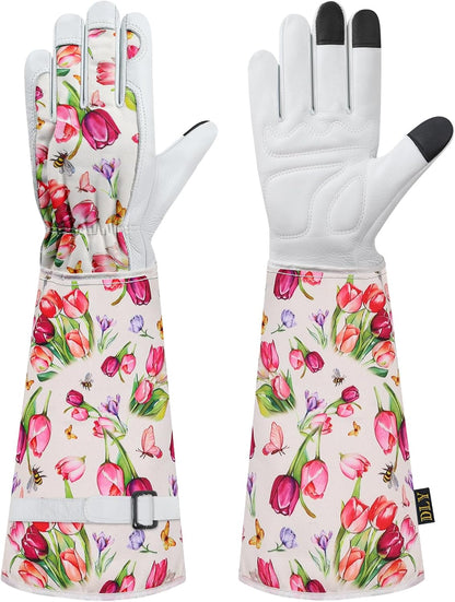 Garden Gloves for Women,Gardening Gloves,Gardening Gift for Lady,Blue,M | Thornproof Cowhide Palm, Foam-Padded Grip, Long Sunflower Print Cuff, 3-Finger Touchscreen, Rose Pruning, Weeding & Yard Work