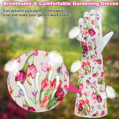 Garden Gloves for Women,Gardening Gloves,Gardening Gift for Lady,Blue,M | Thornproof Cowhide Palm, Foam-Padded Grip, Long Sunflower Print Cuff, 3-Finger Touchscreen, Rose Pruning, Weeding & Yard Work