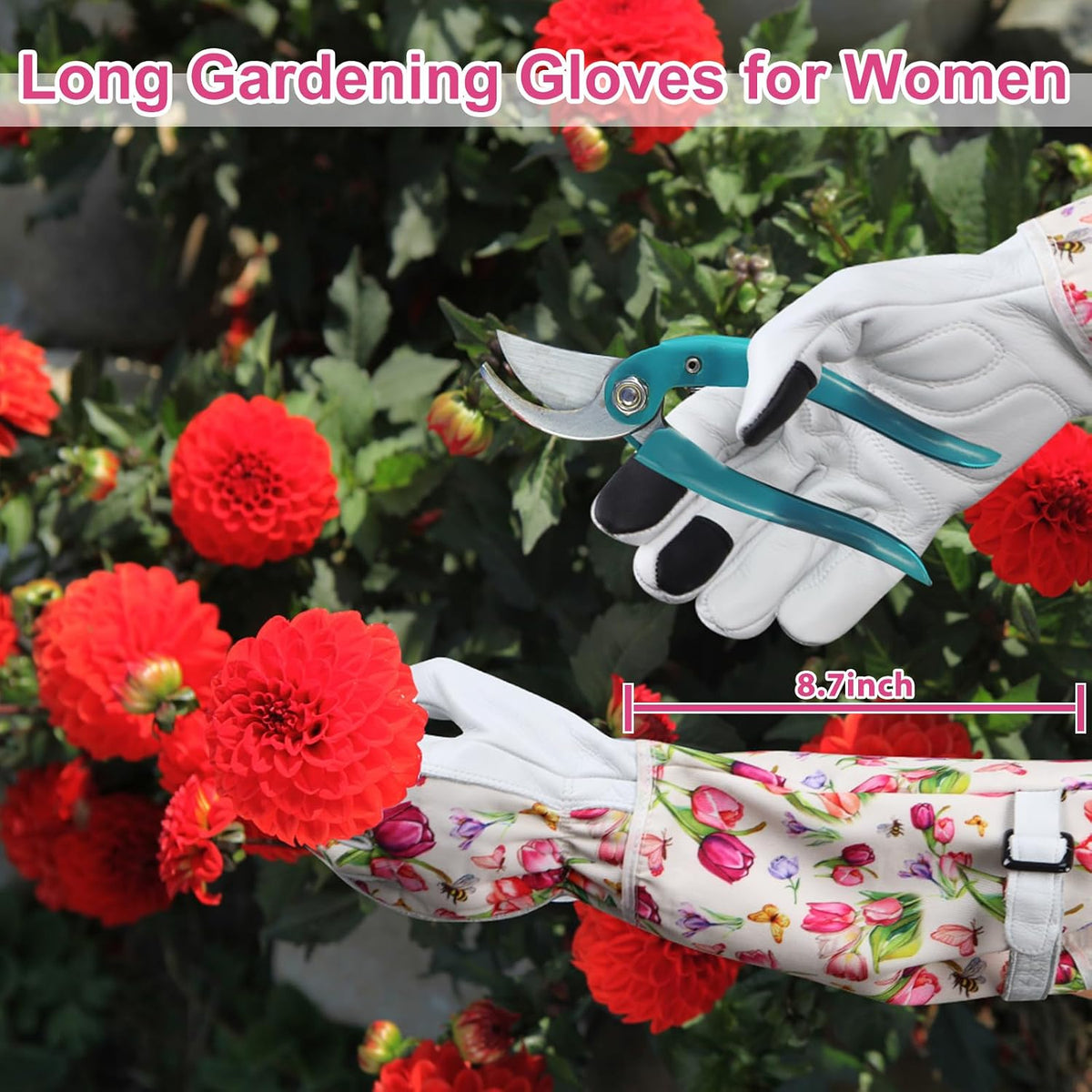 Garden Gloves for Women,Gardening Gloves,Gardening Gift for Lady,Blue,M | Thornproof Cowhide Palm, Foam-Padded Grip, Long Sunflower Print Cuff, 3-Finger Touchscreen, Rose Pruning, Weeding & Yard Work