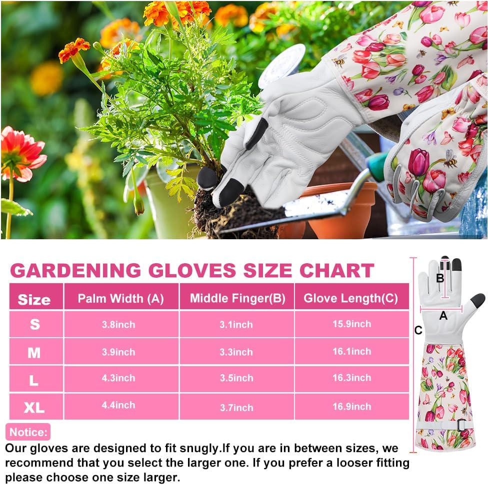 Garden Gloves for Women,Gardening Gloves,Gardening Gift for Lady,Blue,M | Thornproof Cowhide Palm, Foam-Padded Grip, Long Sunflower Print Cuff, 3-Finger Touchscreen, Rose Pruning, Weeding & Yard Work