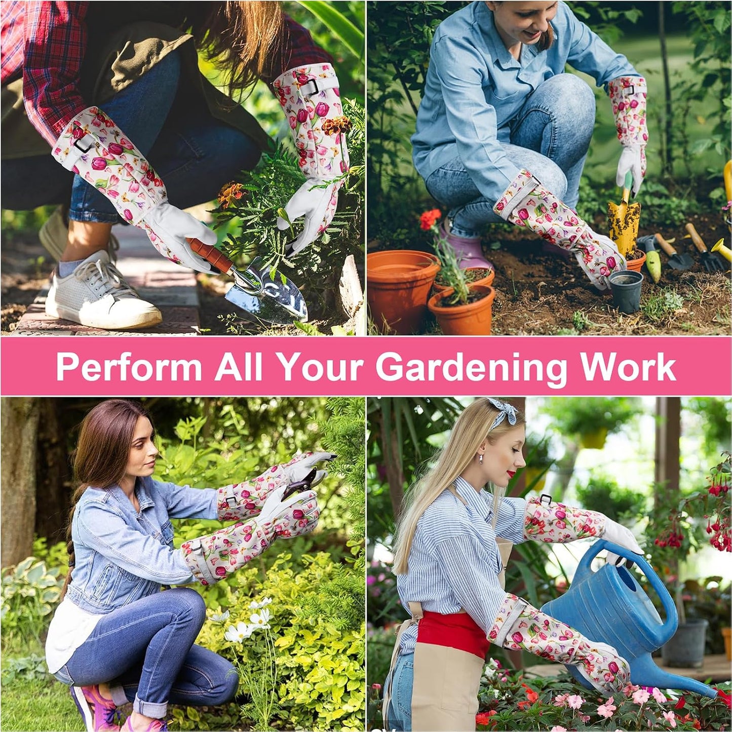 Garden Gloves for Women,Gardening Gloves,Gardening Gift for Lady,Blue,M | Thornproof Cowhide Palm, Foam-Padded Grip, Long Sunflower Print Cuff, 3-Finger Touchscreen, Rose Pruning, Weeding & Yard Work