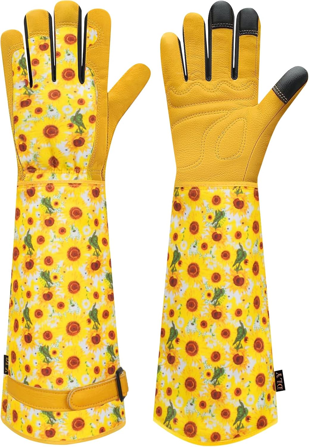 Garden Gloves for Women,Gardening Gloves,Gardening Gift for Lady,Blue,M | Thornproof Cowhide Palm, Foam-Padded Grip, Long Sunflower Print Cuff, 3-Finger Touchscreen, Rose Pruning, Weeding & Yard Work