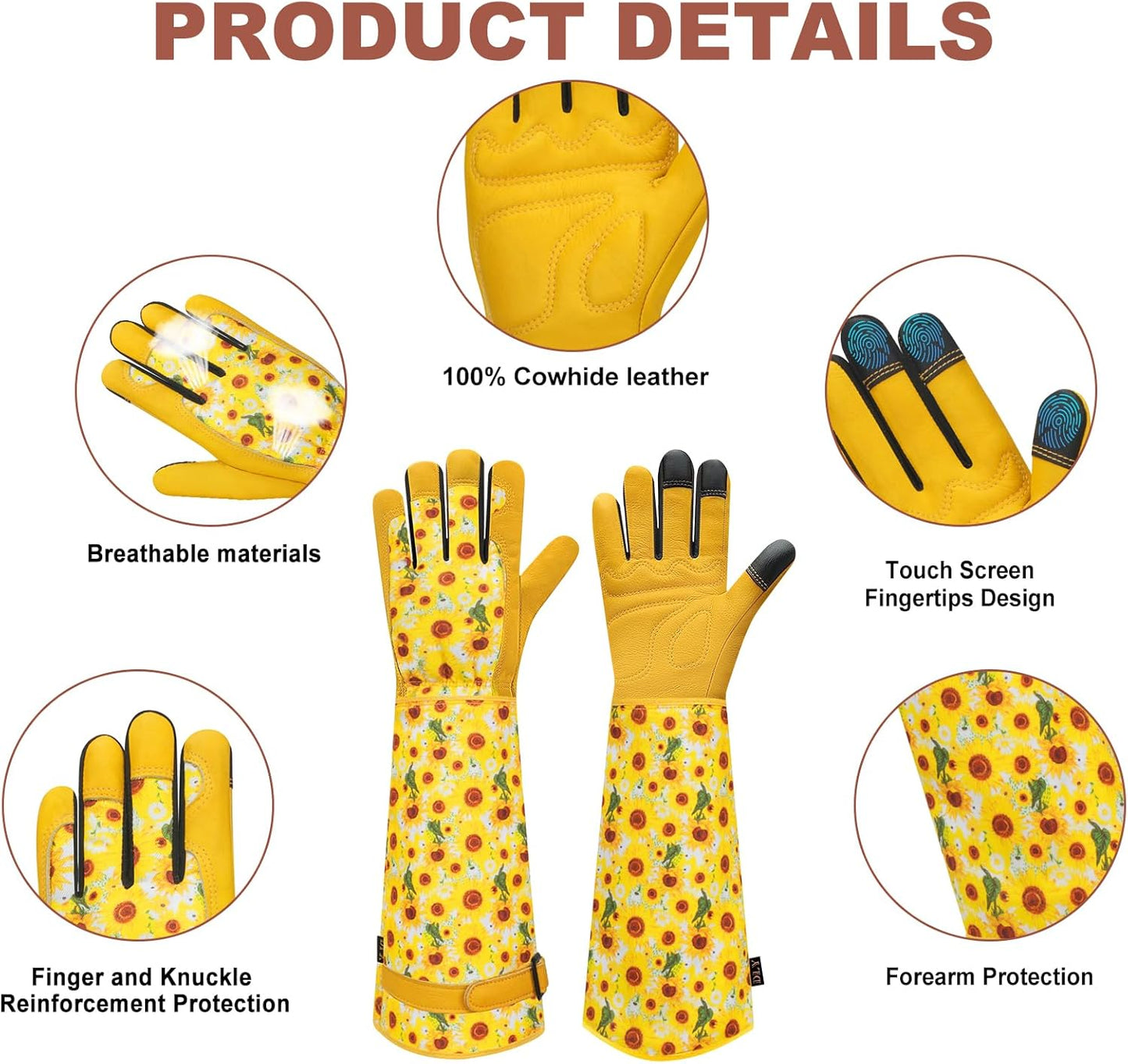 Garden Gloves for Women,Gardening Gloves,Gardening Gift for Lady,Blue,M | Thornproof Cowhide Palm, Foam-Padded Grip, Long Sunflower Print Cuff, 3-Finger Touchscreen, Rose Pruning, Weeding & Yard Work