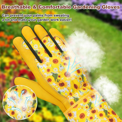 Garden Gloves for Women,Gardening Gloves,Gardening Gift for Lady,Blue,M | Thornproof Cowhide Palm, Foam-Padded Grip, Long Sunflower Print Cuff, 3-Finger Touchscreen, Rose Pruning, Weeding & Yard Work