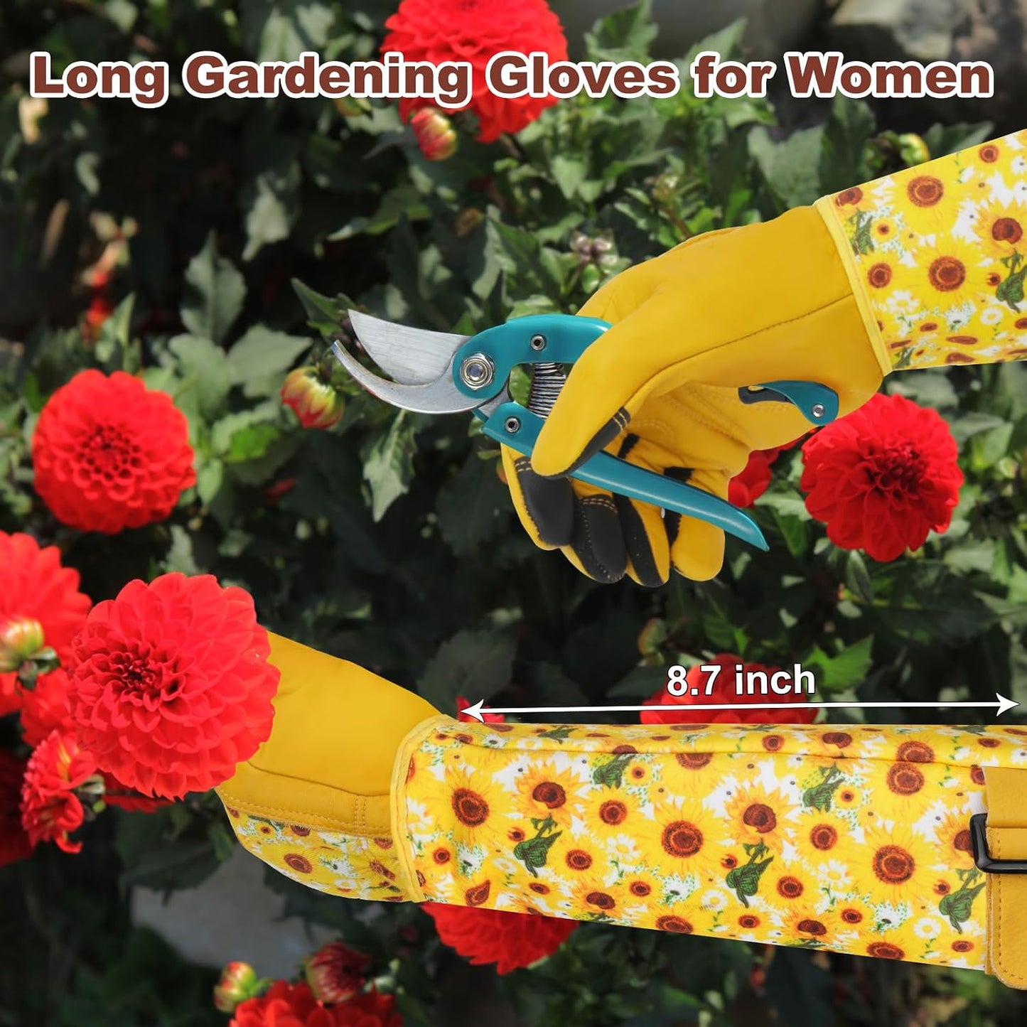 Garden Gloves for Women,Gardening Gloves,Gardening Gift for Lady,Blue,M | Thornproof Cowhide Palm, Foam-Padded Grip, Long Sunflower Print Cuff, 3-Finger Touchscreen, Rose Pruning, Weeding & Yard Work