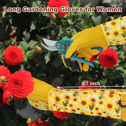 Garden Gloves for Women,Gardening Gloves,Gardening Gift for Lady,Blue,M | Thornproof Cowhide Palm, Foam-Padded Grip, Long Sunflower Print Cuff, 3-Finger Touchscreen, Rose Pruning, Weeding & Yard Work