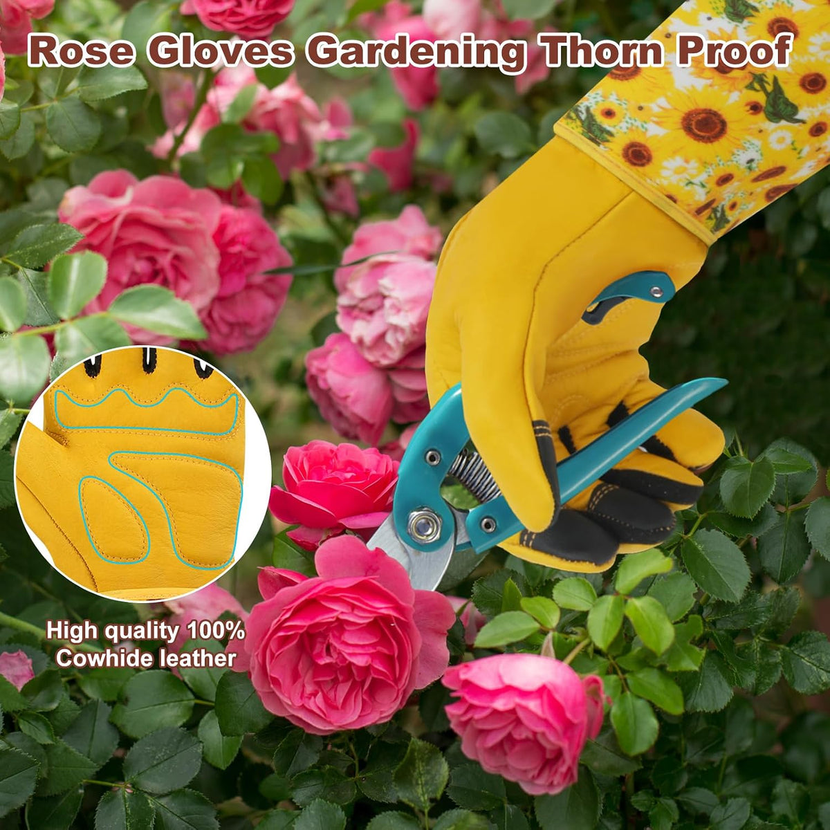 Garden Gloves for Women,Gardening Gloves,Gardening Gift for Lady,Blue,M | Thornproof Cowhide Palm, Foam-Padded Grip, Long Sunflower Print Cuff, 3-Finger Touchscreen, Rose Pruning, Weeding & Yard Work