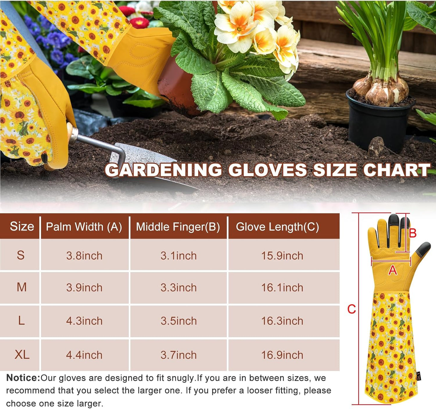 Garden Gloves for Women,Gardening Gloves,Gardening Gift for Lady,Blue,M | Thornproof Cowhide Palm, Foam-Padded Grip, Long Sunflower Print Cuff, 3-Finger Touchscreen, Rose Pruning, Weeding & Yard Work