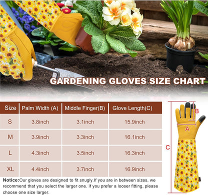 Garden Gloves for Women,Gardening Gloves,Gardening Gift for Lady,Blue,M | Thornproof Cowhide Palm, Foam-Padded Grip, Long Sunflower Print Cuff, 3-Finger Touchscreen, Rose Pruning, Weeding & Yard Work