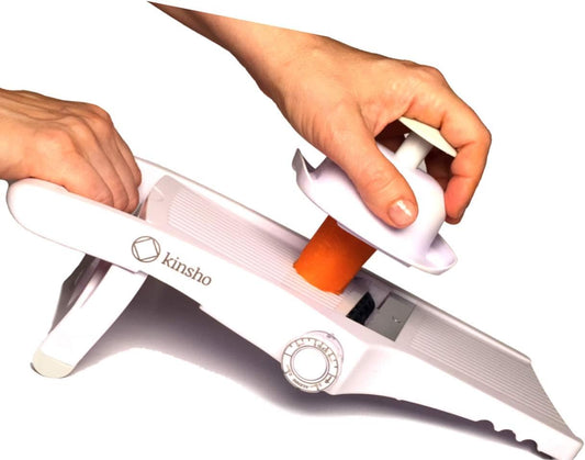 Mandolin Slicer Adjustable Mandoline | Best Hand-Held Cutter for Vegetable Potato Zucchini Food | Professional Steel Blade - Safe Finger Guard - 9-in-1 Japanese Design White